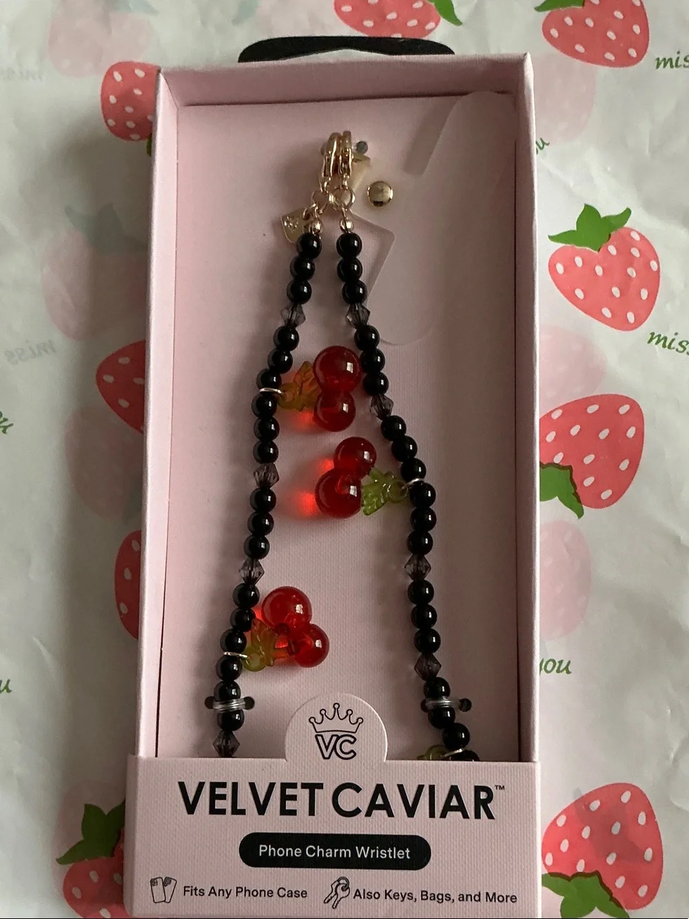 Velvet Caviar Black Beaded Wristlet with Red Cherry Charms